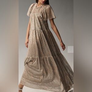 Sheer Metallic Leopard Print Flutter Sleeve Mock Neck Tiered Maxi Dress Peasant